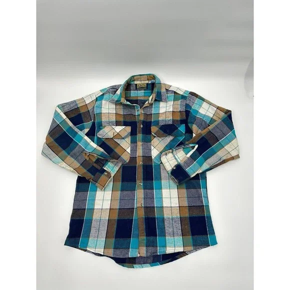 Vintage Private Property‎ Flannel Shirt Mens  M Blue Green Plaid Button Up Thick - Picture 7 of 15